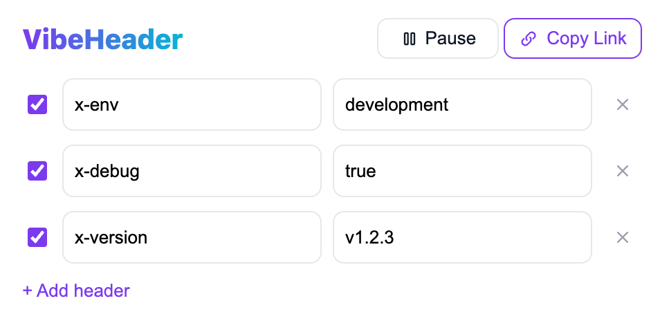 VibeHeader UI showing preview and one‑click apply